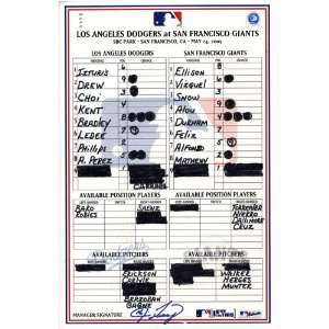  Giants vs. Dodgers 5 24 2005 Game Used Lineup Card (Jim 