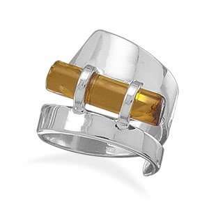  Sterling Silver Sideways Amber Cylinder Polished Ring 
