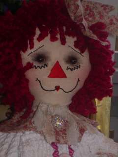 Primitive OOAK Raggedy Ann Doll Annie Vintage Buttons Chenille and 