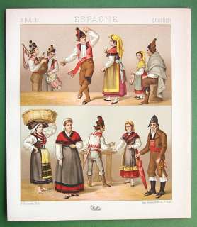 SPAIN Costume of Galicia Pontevedra   1888 COLOR Print A. Racinet 