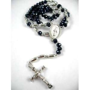   Hip Hop Rosary Necklace w/ Dia Crystal Bead Silver Blue 39a Jewelry