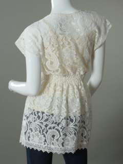 NECK EMBROIDERY LACE TUNIC TOP WHITE SZ S 1036  