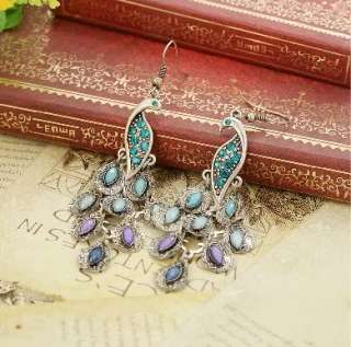 Antiqued Silver Peacock Multi Sequin Chandelier Earring.  