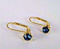 Gold 18k GF Earrings Navy Blue Crystal Dangle Girl 4mm  