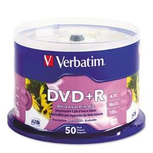  Verbatim 95136   Inkjet Printable DVD+R Discs, White, 50 