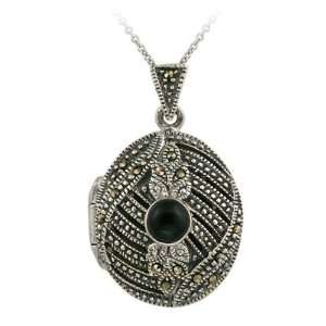  Sterling Silver Onyx and Marcasite Oval Necklace: Jewelry