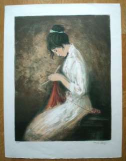 CHAROY Bernard  Lithograph Knitting Woman signed rare  