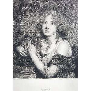  ORIGINAL ETCHING   Lovely Girl Holding Sheep by Greuze 