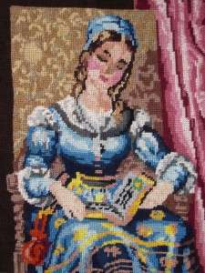 Vintage completed Needlepoint A lady reading a book 15X11  