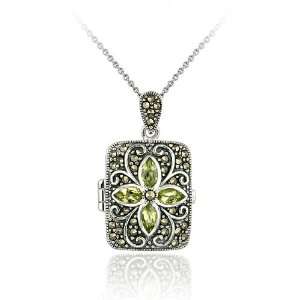  Rocks Sterling Silver Peridot and Marcasite Locket Necklace: Jewelry