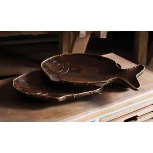  Set of 2 Hand Carved Acacia Wood Nested Fish Trays with 