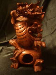 10 Suar Wood Hand Carved Dragon Sculpture on Top of Globe   Power