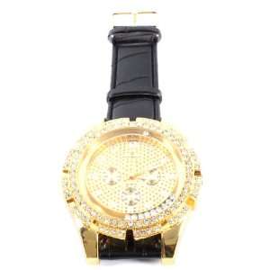 Gold Hip Hop Leather Banded Iced Out Watch with a Free Replacement 