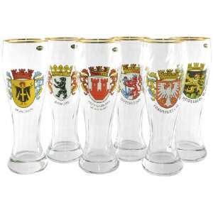 German City Weiss Bier Glass Pilsner Mugs w/ Gold Rim, Set of 6 
