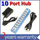 New 10 Ports USB HUB 2.0 High Speed with Power Adapter Blue