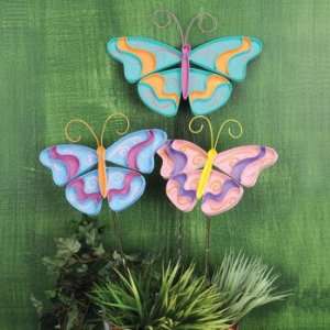  Metal Rustic Triple Butterfly Plant Picks, Set of 3 