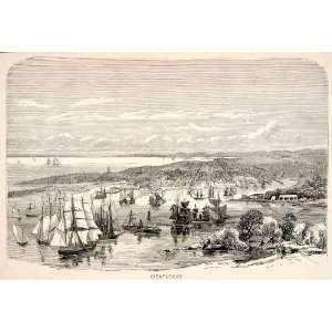  1871 Wood Engraving Cienfuegos Cuba Port Dock Harbor Ship Boat 