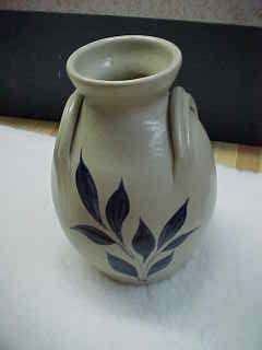 Here is a Williamsburg Pottery Cobalt Leaves Salt Glzed Vase 71/2. It 