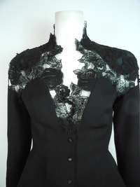 THIERRY MUGLER Blk Wool Futuristic Cutout Lace Structural Skirt Suit 