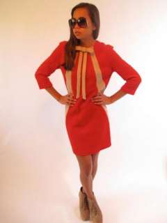vtg 60S RED OATMEAL NUBBY COLOR BLOCK MINI DRESS BOW S  