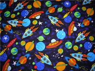 New Planets Space Ships Fabric BTY Outer UFO Stars Night Sky Rockets 