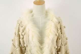 Women Hand Knit Mohair/ Wool Cardigan Coat Jacket Rabbit Fur Collar 