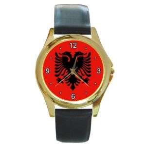 Albania Albanian Flag Round Gold Tone Watch  