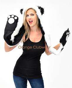 Halloween Costume Rave Winter Plush Panda Hood Hoodie Scarf w/ Paw 
