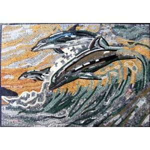   28x40 Jumping Dolphins Marble Mosaic Pool Bath Art