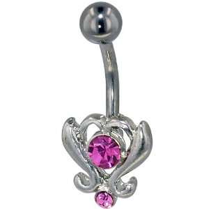 Blooming Heart Pink Crystal Gem Belly Button Ring Navel Piercing Bar 