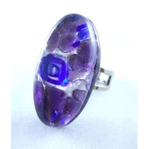    Purple Silver Oval Venetian Murano Glass Adjustable Ring: Jewelry