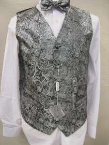 Mens Suit Tuxedo Dress Vest Necktie Bowtie Hanky Set Silver Paisley 