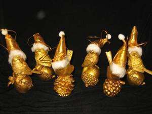 Gold Birds Santa Hats Christmas Tree Ornaments Pinecones Acorns  