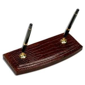  Brown Crocodile Embossed Leather Double Pen Stand: Office 