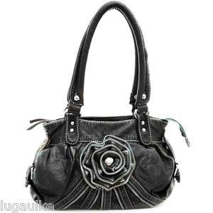 New Black Stone Washed Flower/Rose design Handbag   Purse / bag  