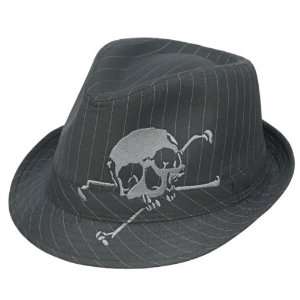  Grey Pinstripe Fedora Hat w/Skull 