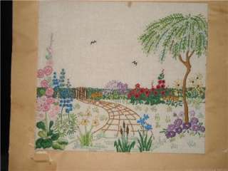Vintage Embroidery Garden Scene, 9 & 5/8 by 8 & 1/2  