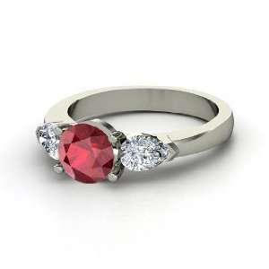  Triad Ring, Round Ruby 14K White Gold Ring with Diamond 