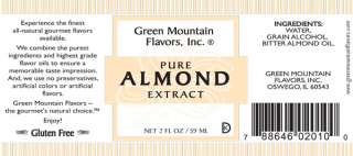 Label for 2oz Pure Almond Extract by Green Mountain Flavors
