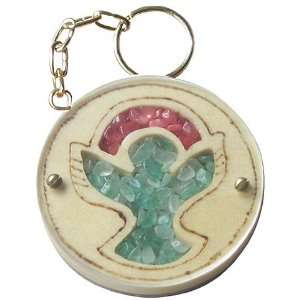   Wooden Amulet Praying Angel Key Chain In Ruby Crystals And Aventurine