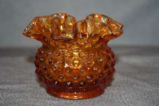 Small Amber Fenton Hobnail Rose Bowl Double Crimped  