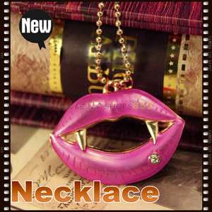   Big Red Sexy Lips Gold Chain Vampire Fangs Flames Girl Retro Necklace