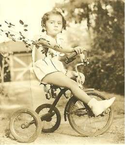 Adorable Little Girl Tricycle Vintage Black White Photo Sulky Smile 