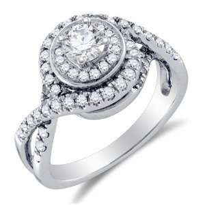 Size 13   14K White Gold Large Diamond Halo Crossover Engagement Ring 