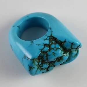 HANDCARVED RAW BLUE ART TURQUOISE GEMSTONE HUGE RING  