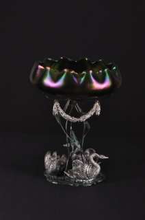 Bohemian Art Nouveau color Glass Bowl with Metal Swan Base  