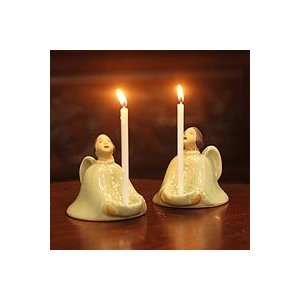   Celadon ceramic candleholders, Thai Angel (pair)