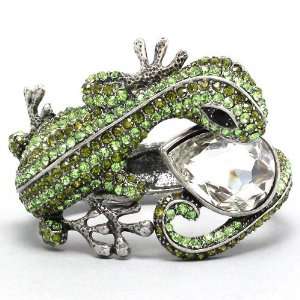   Silvertone Green Ctystal Gecko Lizard Hinged Bangle Bracelet: Jewelry