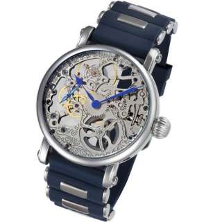 Rougois Hand Wind Silver Tone Skeleton Blue Watch RG66  