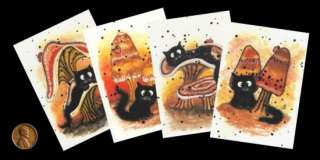 Tiny Black Cat Magical Mushroom Series  Collection Set 4 ACEO Prints 